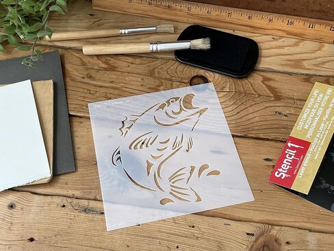 Stencil1 Bass Fish Stencil 5.75" x 6" - Durable Quality Reusable Stencils for Painting - Create Stencil Crafts and Decor - Decor on Walls Fabric & Furniture Recyclable Art Craft - 5.75" x 6" in Kuwait