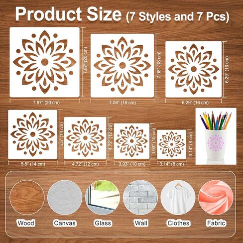 MWOOT 7 Pieces Mandala Stencil, 7 Sizes Flower Stencils Templates for Painting on Wood Tile Canvas, Wall Stencils for Crafts Reusable, Floral Stencil for DIY Crafts and Scrapbook Decor 3-7.8" in Kuwait