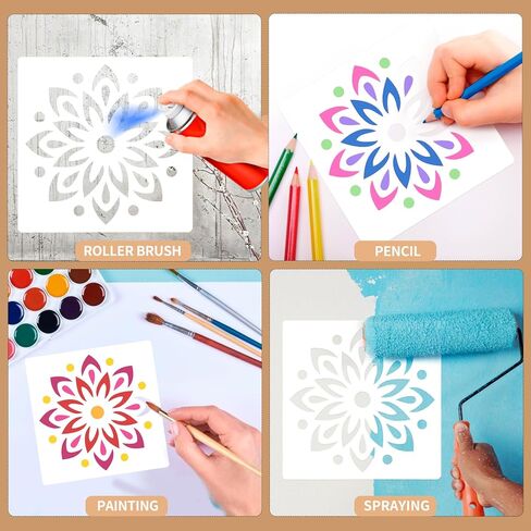 MWOOT 7 Pieces Mandala Stencil, 7 Sizes Flower Stencils Templates for Painting on Wood Tile Canvas, Wall Stencils for Crafts Reusable, Floral Stencil for DIY Crafts and Scrapbook Decor 3-7.8" in Kuwait