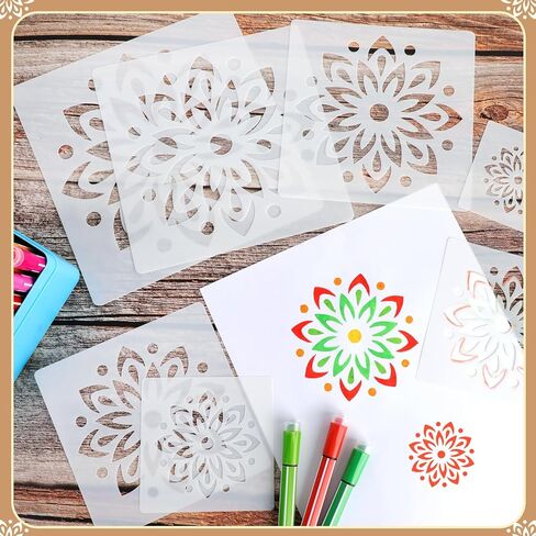 MWOOT 7 Pieces Mandala Stencil, 7 Sizes Flower Stencils Templates for Painting on Wood Tile Canvas, Wall Stencils for Crafts Reusable, Floral Stencil for DIY Crafts and Scrapbook Decor 3-7.8" in Kuwait