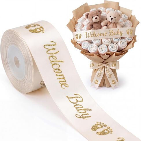 Breling Glitter Baby Shower Satin Ribbon 2 Inch x 10 Yards Welcome Ribbon Diapers Bouquet Ribbons for Shower Decorations Toddler Gender Reveal Party Gift Wrapping(White) in Kuwait
