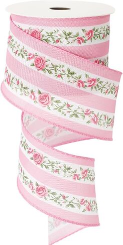 FYSUIMU Pink Floral Wired Edge Ribbon Striped Rose Flower Fabric Craft Ribbons for Wrapping DIY Bow Wreath Spring Wedding Bridal Baby Shower Party Home Decor, 2.5 Inch, 12 Yards in Kuwait