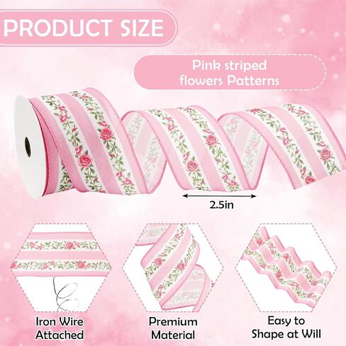 FYSUIMU Pink Floral Wired Edge Ribbon Striped Rose Flower Fabric Craft Ribbons for Wrapping DIY Bow Wreath Spring Wedding Bridal Baby Shower Party Home Decor, 2.5 Inch, 12 Yards in Kuwait