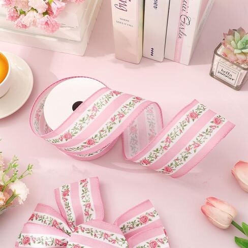 FYSUIMU Pink Floral Wired Edge Ribbon Striped Rose Flower Fabric Craft Ribbons for Wrapping DIY Bow Wreath Spring Wedding Bridal Baby Shower Party Home Decor, 2.5 Inch, 12 Yards in Kuwait