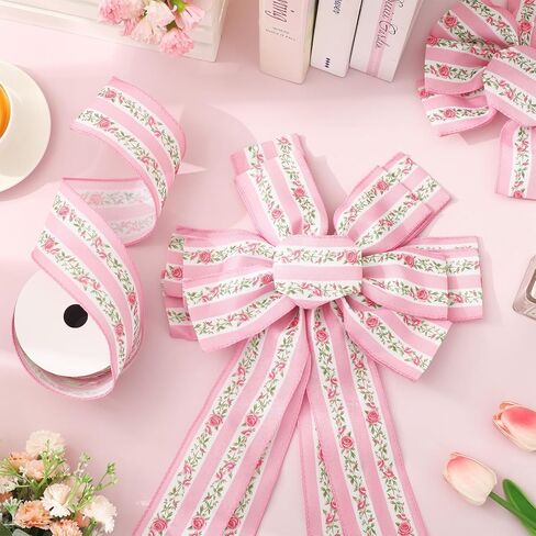 FYSUIMU Pink Floral Wired Edge Ribbon Striped Rose Flower Fabric Craft Ribbons for Wrapping DIY Bow Wreath Spring Wedding Bridal Baby Shower Party Home Decor, 2.5 Inch, 12 Yards in Kuwait