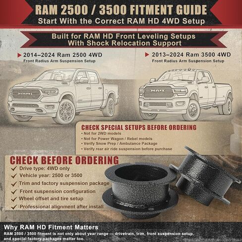 2.5 Inch Front Leveling Kit for 2014-2025 Ram 2500 4WD & 2013-2025 Ram 3500 4WD, Front Lift Spacers with Shock Extension Brackets, Balanced HD Stance, Added Front Clearance in Saudi Arabia