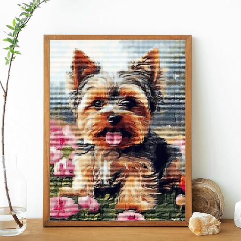 MIJVFNB Yorkshire Terrier Dog and Flowers 11CT Counted Cross Stitch Kits Color Printed Stamped Cross-Stitch Supplies Needlework Printed Embroidery Kits DIY Kits Needlepoint Starter Kits, 12x16 inch in Kuwait