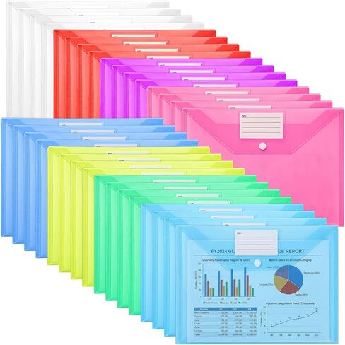 48pcs Plastic Envelopes Poly Envelopes Clear Envelope with Snap Button Closure A4 Letter Size Plastic Envelope Folder with Label Pocket for School Office Home Organizer Supplies, 8 Colors in Kuwait