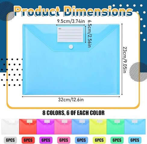 48pcs Plastic Envelopes Poly Envelopes Clear Envelope with Snap Button Closure A4 Letter Size Plastic Envelope Folder with Label Pocket for School Office Home Organizer Supplies, 8 Colors in Kuwait