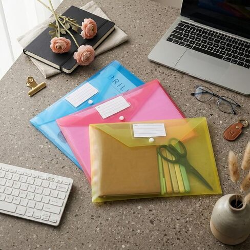 48pcs Plastic Envelopes Poly Envelopes Clear Envelope with Snap Button Closure A4 Letter Size Plastic Envelope Folder with Label Pocket for School Office Home Organizer Supplies, 8 Colors in Kuwait