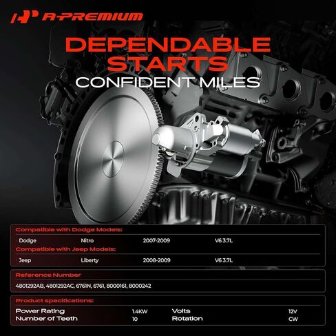 محرك A-Premium Starter متوافق مع Jeep KK Series Liberty 2008-2009 & Dodge Nitro 2007-2009، 3.7 لتر، 12 فولت 1.4 كيلو وات 10 أسنان في اتجاه عقارب الساعة، استبدال # 4801292AB، 4801292AC in Saudi Arabia