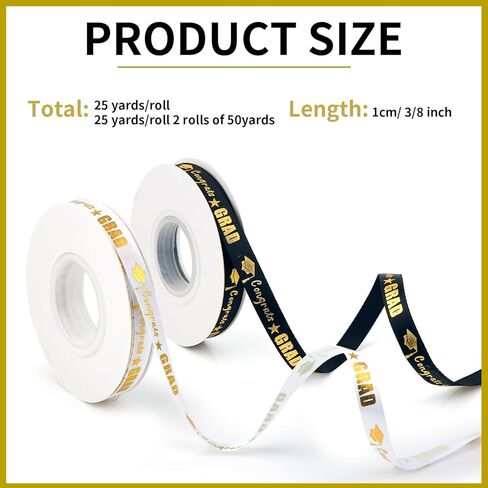2 Rolls 50 Yards Graduation Ribbon, 3/8in Wide Congrats Grad Ribbon of Class of 2026 White Black Decorative Graduation Accessories for Gift Wrapping Party Decorations DIY Crafts in Kuwait