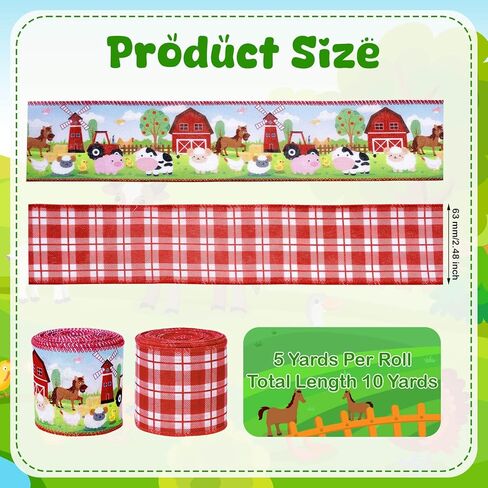2 Rolls 10 Yards Farm Animal Wired Edge Ribbon 2.5 Inch Barnyard Horse Cow Sheep Pig Chick Print Fabric Ribbon Cute Cartoon Farmhouse Animals Craft Ribbon for Gift Wrapping Baby Shower Birthday Decor in Saudi Arabia