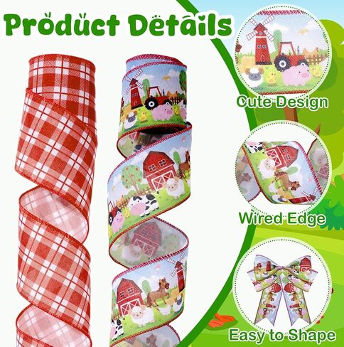2 Rolls 10 Yards Farm Animal Wired Edge Ribbon 2.5 Inch Barnyard Horse Cow Sheep Pig Chick Print Fabric Ribbon Cute Cartoon Farmhouse Animals Craft Ribbon for Gift Wrapping Baby Shower Birthday Decor in Saudi Arabia