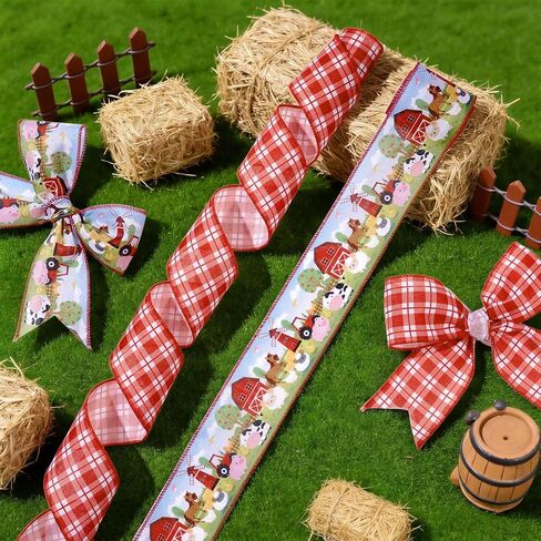 2 Rolls 10 Yards Farm Animal Wired Edge Ribbon 2.5 Inch Barnyard Horse Cow Sheep Pig Chick Print Fabric Ribbon Cute Cartoon Farmhouse Animals Craft Ribbon for Gift Wrapping Baby Shower Birthday Decor in Saudi Arabia