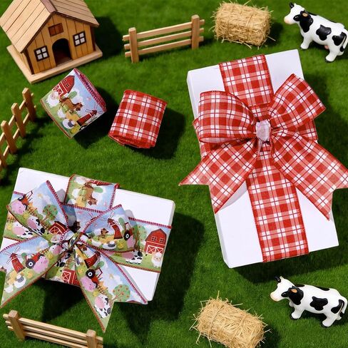 2 Rolls 10 Yards Farm Animal Wired Edge Ribbon 2.5 Inch Barnyard Horse Cow Sheep Pig Chick Print Fabric Ribbon Cute Cartoon Farmhouse Animals Craft Ribbon for Gift Wrapping Baby Shower Birthday Decor in Saudi Arabia