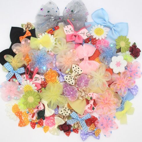 100 Pcs Satin & Organza Ribbon Bows Flower, Lace Patches Bead Appliques for Crafts, Sewing, Hair Bows, Headbands, Wedding Christmas Party Gift Decoration (Mixed) in Saudi Arabia