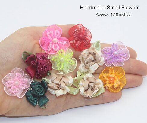 100 Pcs Satin & Organza Ribbon Bows Flower, Lace Patches Bead Appliques for Crafts, Sewing, Hair Bows, Headbands, Wedding Christmas Party Gift Decoration (Mixed) in Saudi Arabia