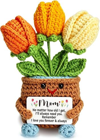 Mini Gifts for Mom from Daughter Son, Cute Mothers Day Birthday Gifts for Moms, Mother, Mama, Handmade Crochet 3 Flowers Pot, Mother's Day I Love You Gift for Mum, Tulip Crochet for Mom in Saudi Arabia