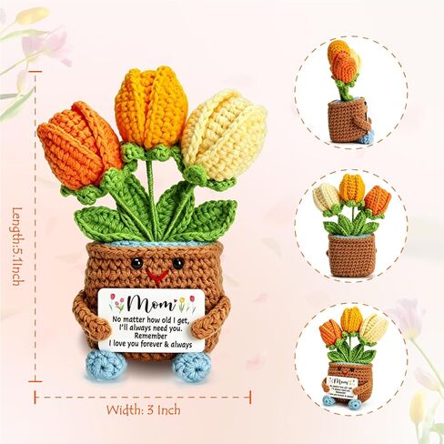 Mini Gifts for Mom from Daughter Son, Cute Mothers Day Birthday Gifts for Moms, Mother, Mama, Handmade Crochet 3 Flowers Pot, Mother's Day I Love You Gift for Mum, Tulip Crochet for Mom in Saudi Arabia