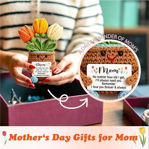 Mini Gifts for Mom from Daughter Son, Cute Mothers Day Birthday Gifts for Moms, Mother, Mama, Handmade Crochet 3 Flowers Pot, Mother's Day I Love You Gift for Mum, Tulip Crochet for Mom in Saudi Arabia