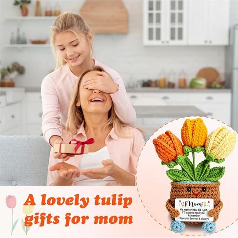 Mini Gifts for Mom from Daughter Son, Cute Mothers Day Birthday Gifts for Moms, Mother, Mama, Handmade Crochet 3 Flowers Pot, Mother's Day I Love You Gift for Mum, Tulip Crochet for Mom in Saudi Arabia