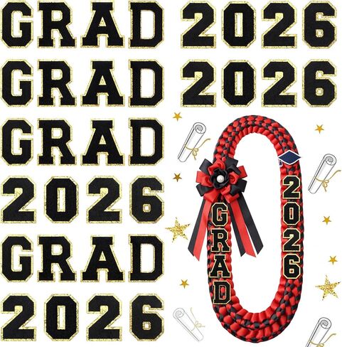 Lyrow 32 Pcs Self Adhesive Grad 2025 Iron on Patches Sew on Chenille Letter Patches Glitter Graduation Embroidered Applique Decor for DIY Cloth Graduation Decor 2.1 Inch, Black in Saudi Arabia