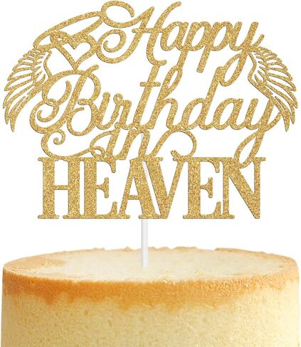 Happy Birthday in Heaven Cake Topper, Heavensent Birthday Memorial Decor, Heavenly Angel Wing Funeral Anniversary Easter Festival Party Decorations Supplies, Gold Glitter in Kuwait