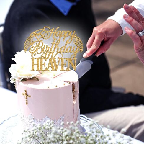 Happy Birthday in Heaven Cake Topper, Heavensent Birthday Memorial Decor, Heavenly Angel Wing Funeral Anniversary Easter Festival Party Decorations Supplies, Gold Glitter in Kuwait