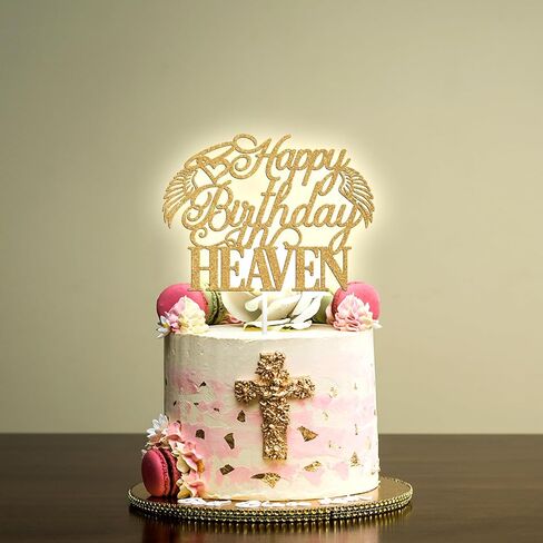 Happy Birthday in Heaven Cake Topper, Heavensent Birthday Memorial Decor, Heavenly Angel Wing Funeral Anniversary Easter Festival Party Decorations Supplies, Gold Glitter in Kuwait