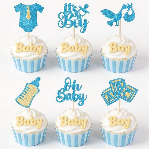 24Pcs Baby Shower Cupcake Toppers Oh Baby Cupcake Toppers It's a Boy Cupcake Picks Glitter Baby Shower Tie Onesie Baby Bottle Cake Picks Decorations for Gender Reveal Party Decorations Supplies Blue in Saudi Arabia