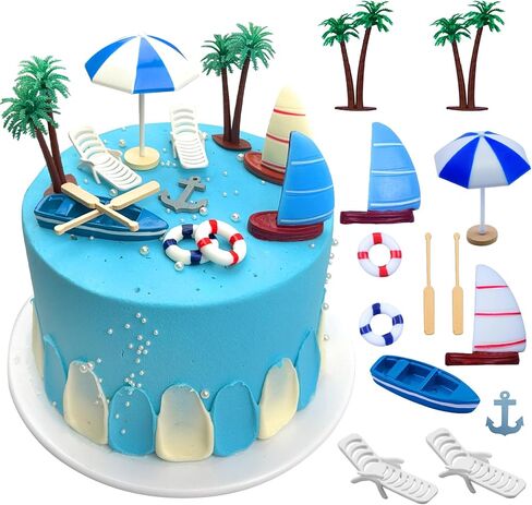 Beach Cake Topper 13Pcs Hawaiian Cake Toppers Decoration Summer Ocean Cake Topper Beach Chair Umbrella Boat Palm Tree Cakes Topper for Tropical Aloha Pool Birthday Wedding Baby Shower Party in Saudi Arabia