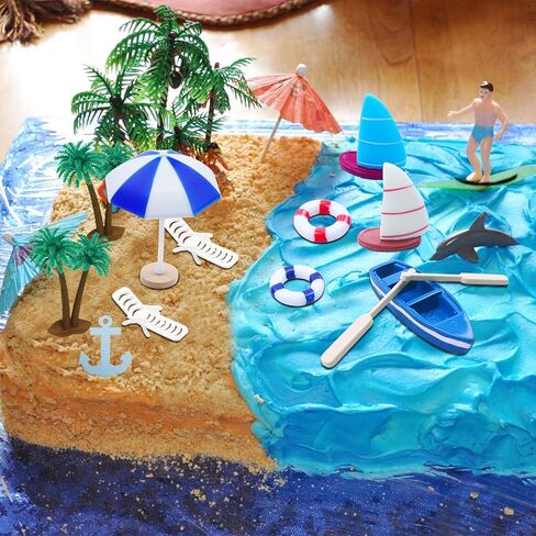 Beach Cake Topper 13Pcs Hawaiian Cake Toppers Decoration Summer Ocean Cake Topper Beach Chair Umbrella Boat Palm Tree Cakes Topper for Tropical Aloha Pool Birthday Wedding Baby Shower Party in Saudi Arabia