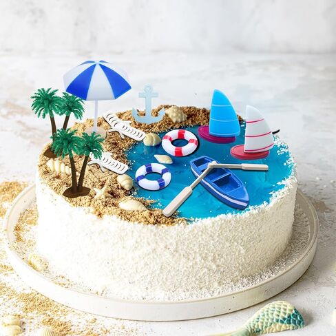 Beach Cake Topper 13Pcs Hawaiian Cake Toppers Decoration Summer Ocean Cake Topper Beach Chair Umbrella Boat Palm Tree Cakes Topper for Tropical Aloha Pool Birthday Wedding Baby Shower Party in Saudi Arabia