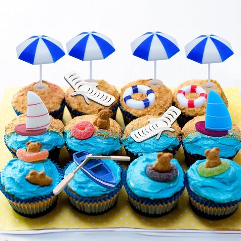 Beach Cake Topper 13Pcs Hawaiian Cake Toppers Decoration Summer Ocean Cake Topper Beach Chair Umbrella Boat Palm Tree Cakes Topper for Tropical Aloha Pool Birthday Wedding Baby Shower Party in Saudi Arabia