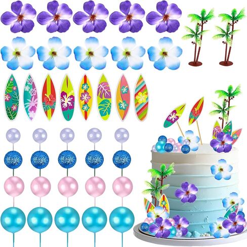 Beach Cake Topper 13Pcs Hawaiian Cake Toppers Decoration Summer Ocean Cake Topper Beach Chair Umbrella Boat Palm Tree Cakes Topper for Tropical Aloha Pool Birthday Wedding Baby Shower Party in Saudi Arabia