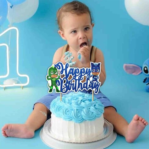 ديكور تزيين كعكة عيد الميلاد السعيد من PJ Msks - غلاف كعكة ملون بطابع البطل الخارق لحفلات أعياد الميلاد | ديكور حفلات ممتع واحتفالي للكعك وطاولات الحلوى | سهل الاستخدام in Kuwait