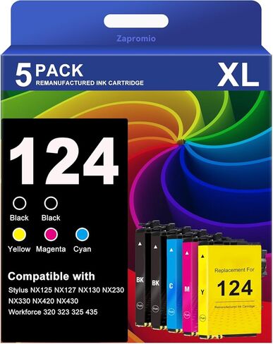 5-Pack 124 Ink Cartridges Remanufactured Replacement for Epson 124 T124 for Stylus NX125 NX127 NX130 NX230 NX330 NX420 NX430 Workforce 320 323 325 435 Printer 2 Black 1 Cyan 1 Magenta 1 Yellow in Saudi Arabia