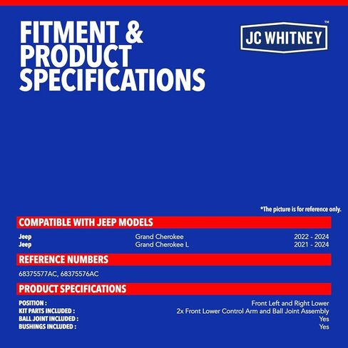 JC Whitney JFBAJCWCA00848 Set of 2 Control Arm with Ball Joint Assembly (Front Left & Right Lower) - Compatible with Jeep Grand Cherokee 2022-2024, Grand Cherokee L 2021-2024 in Saudi Arabia