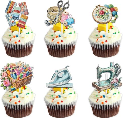 18pcs Colorful Glitter Sewing Machine Tools Cupcake Topper Cheer to Tailor Seamstress Theme Anniversary Party Decoration Picks for Men Women Happy Birthday Favour Decor Supplies Set in Kuwait