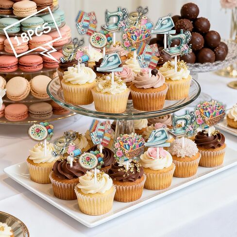 18pcs Colorful Glitter Sewing Machine Tools Cupcake Topper Cheer to Tailor Seamstress Theme Anniversary Party Decoration Picks for Men Women Happy Birthday Favour Decor Supplies Set in Kuwait