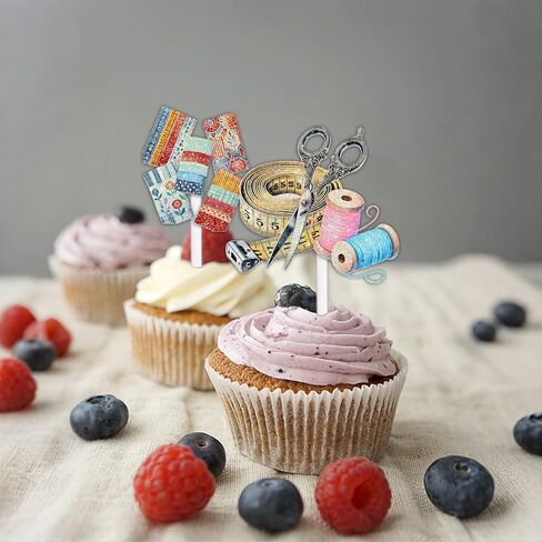 18pcs Colorful Glitter Sewing Machine Tools Cupcake Topper Cheer to Tailor Seamstress Theme Anniversary Party Decoration Picks for Men Women Happy Birthday Favour Decor Supplies Set in Kuwait