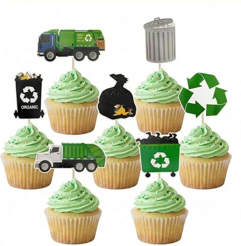 28PCS Garbage Truck Cupcake Toppers, Fun Recycling & Trash Truck Cake Decorations for Teens Birthday Party, Eco-Friendly Construction Themed Party Supplies in Saudi Arabia
