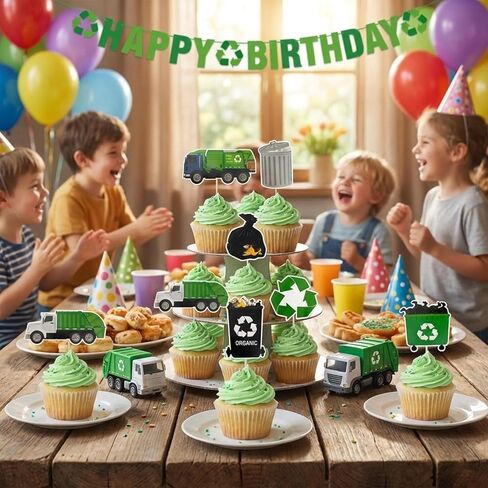 28PCS Garbage Truck Cupcake Toppers, Fun Recycling & Trash Truck Cake Decorations for Teens Birthday Party, Eco-Friendly Construction Themed Party Supplies in Saudi Arabia