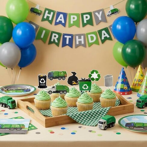 28PCS Garbage Truck Cupcake Toppers, Fun Recycling & Trash Truck Cake Decorations for Teens Birthday Party, Eco-Friendly Construction Themed Party Supplies in Saudi Arabia