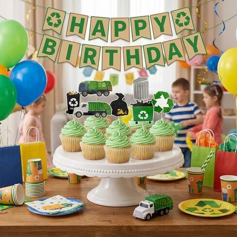 28PCS Garbage Truck Cupcake Toppers, Fun Recycling & Trash Truck Cake Decorations for Teens Birthday Party, Eco-Friendly Construction Themed Party Supplies in Saudi Arabia