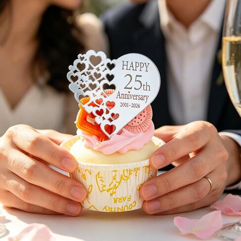 24 Pieces 25th Anniversary Acrylic Cupcake Toppers, Silver Mirror, 25 Years of Love Heart and Round Shapes, Happy 25th Anniversary Cake Picks in Saudi Arabia