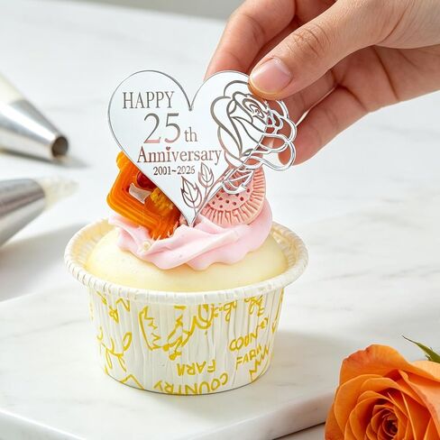 24 Pieces 25th Anniversary Acrylic Cupcake Toppers, Silver Mirror, 25 Years of Love Heart and Round Shapes, Happy 25th Anniversary Cake Picks in Saudi Arabia