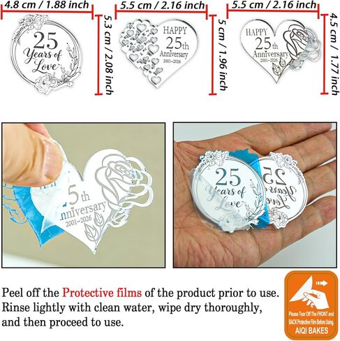 24 Pieces 25th Anniversary Acrylic Cupcake Toppers, Silver Mirror, 25 Years of Love Heart and Round Shapes, Happy 25th Anniversary Cake Picks in Saudi Arabia