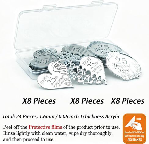 24 Pieces 25th Anniversary Acrylic Cupcake Toppers, Silver Mirror, 25 Years of Love Heart and Round Shapes, Happy 25th Anniversary Cake Picks in Saudi Arabia